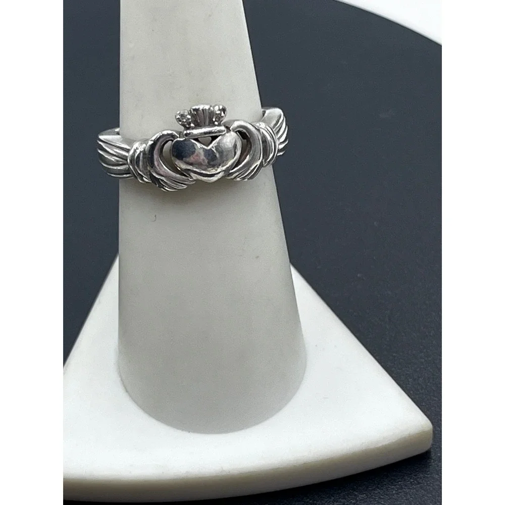 LJ Lucent Jewel Vintage Sterling Silver Irish Claddagh Ring Diamond Accents 7.25